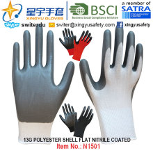 Gants enduits de nitrile de Shell de polyester 13G (N1501) Finissage lisse avec CE, En388, En420, gants de travail
